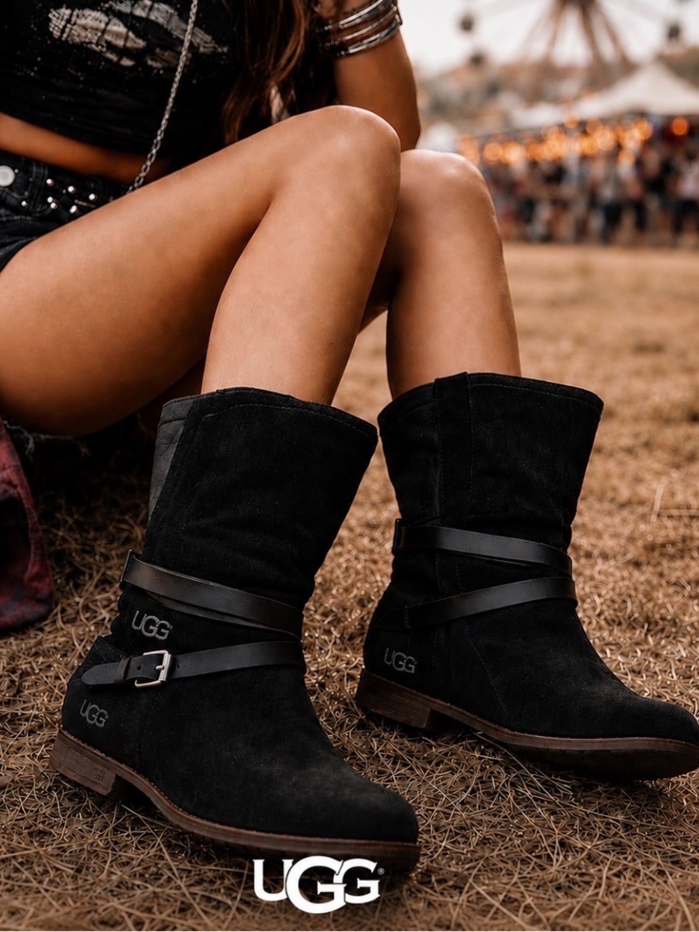 UGG Deanna Moto Boots Womens 5 Black Suede Buckle Biker Grunge Goth Festival Mid